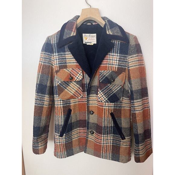 Vintage FOX KNAPP Sz Small Blue Gray Beige Orange Plaid Wool Coat Jacket